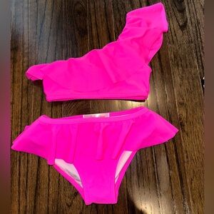Stella Cove Girls' One-Shoulder Ruffle Bikini Set - Hot Pink